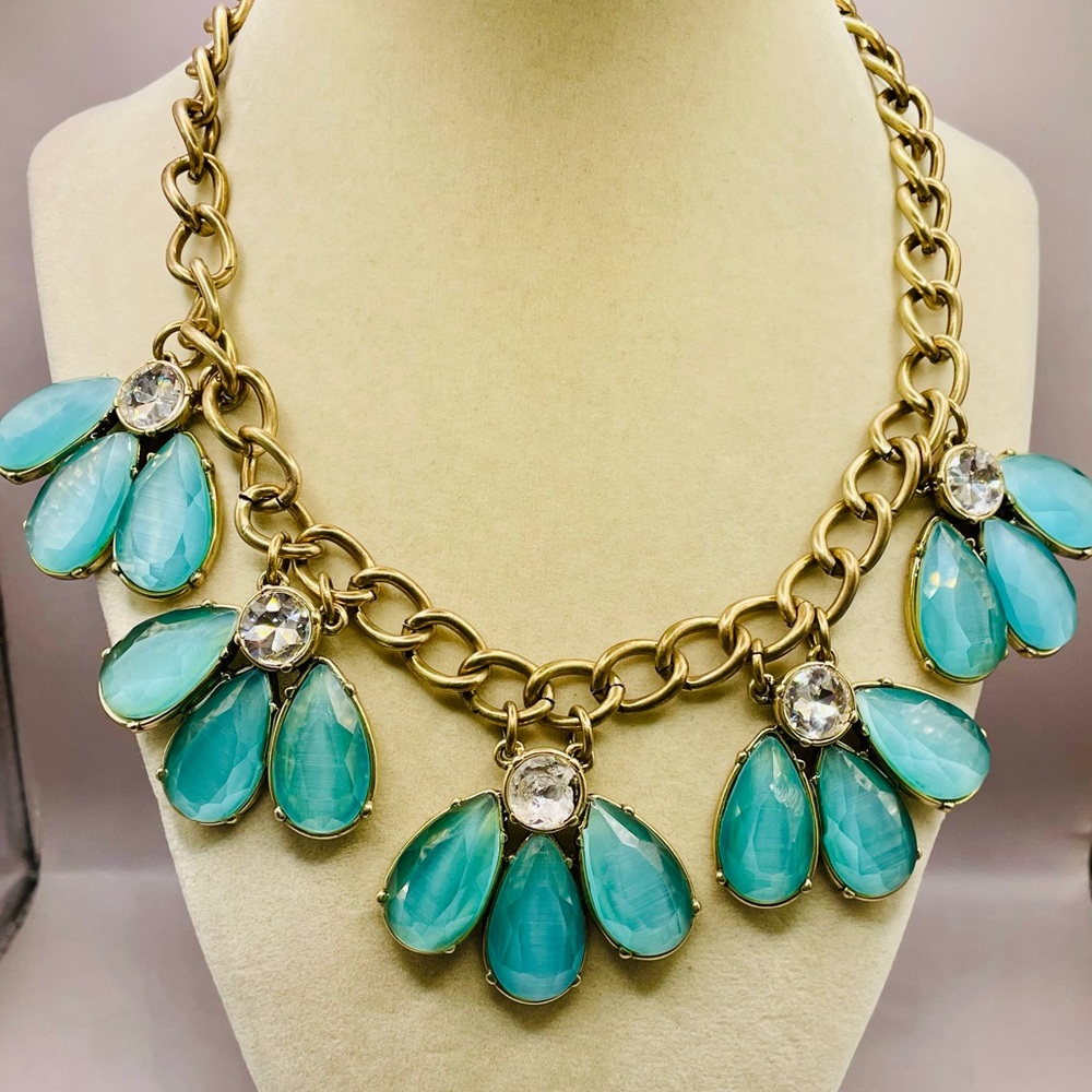 Banana Republic Gold Tone and Blue Petal Teardrop with rhinestones Necklace
